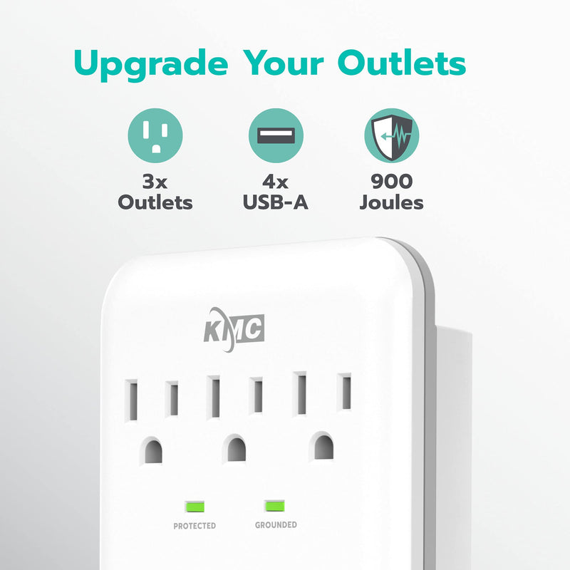 KMC 3-Outlet Wall Mount Surge Protector, 900 Joules, 4 USB 4.8 AMP USB Charging Ports, Phone Holder Cradle for Home, School or Office, ETL Certified (2 Pack) 2 PACK