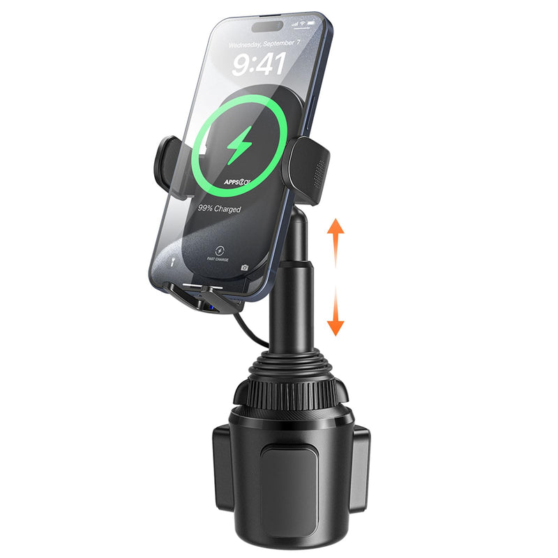 APPS2Car 15W Qi Wireless Car Charger Solid Cup Holder Mount, Adjustable Long Arm & 360° Rotation, Fits 3"–4" Round Cup Holders, Works with Cases ≤ 4 mm (No Metal Attachments) Upgraded Wireless Charger