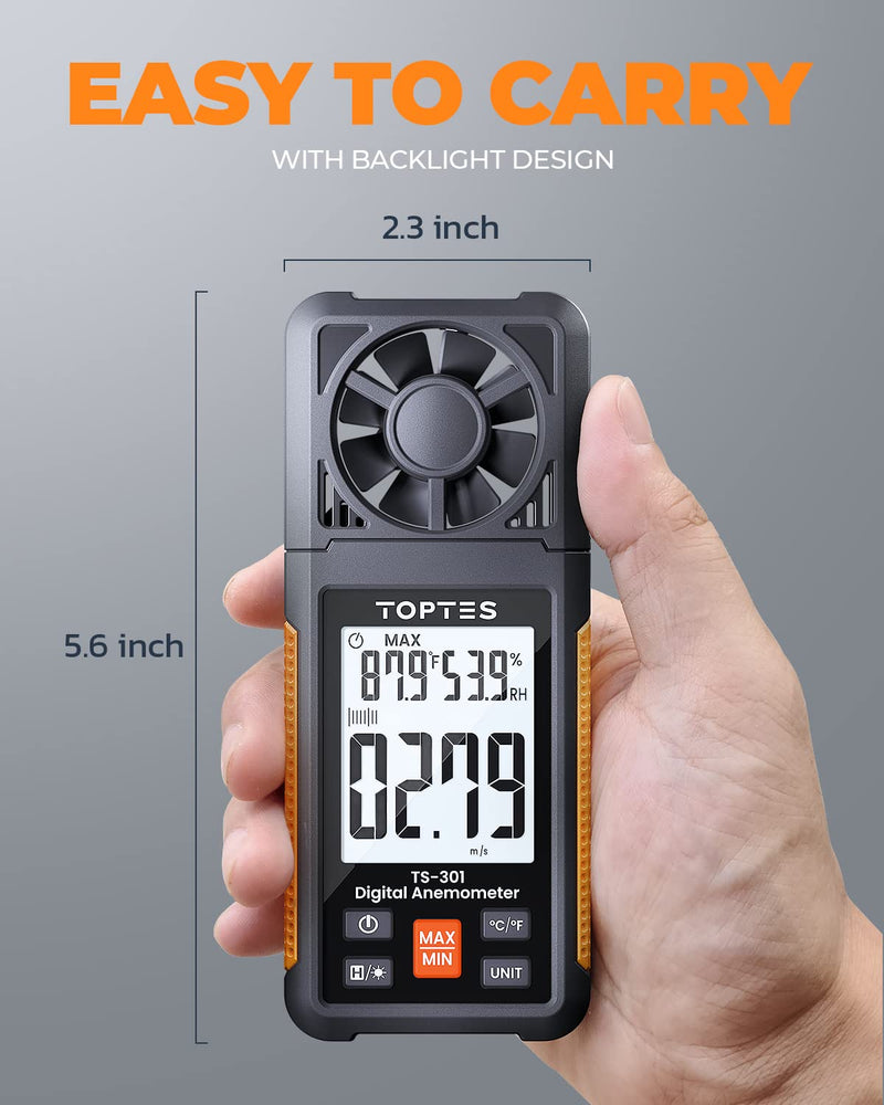 TopTes TS-301 Digital Anemometer, Wind Speed Meter with 2.26-inch Big Backlight LCD Screen, Air Flow Meter for Sailing Surfing Drone Flying RC Plane Golf Shooting HVAC Orange