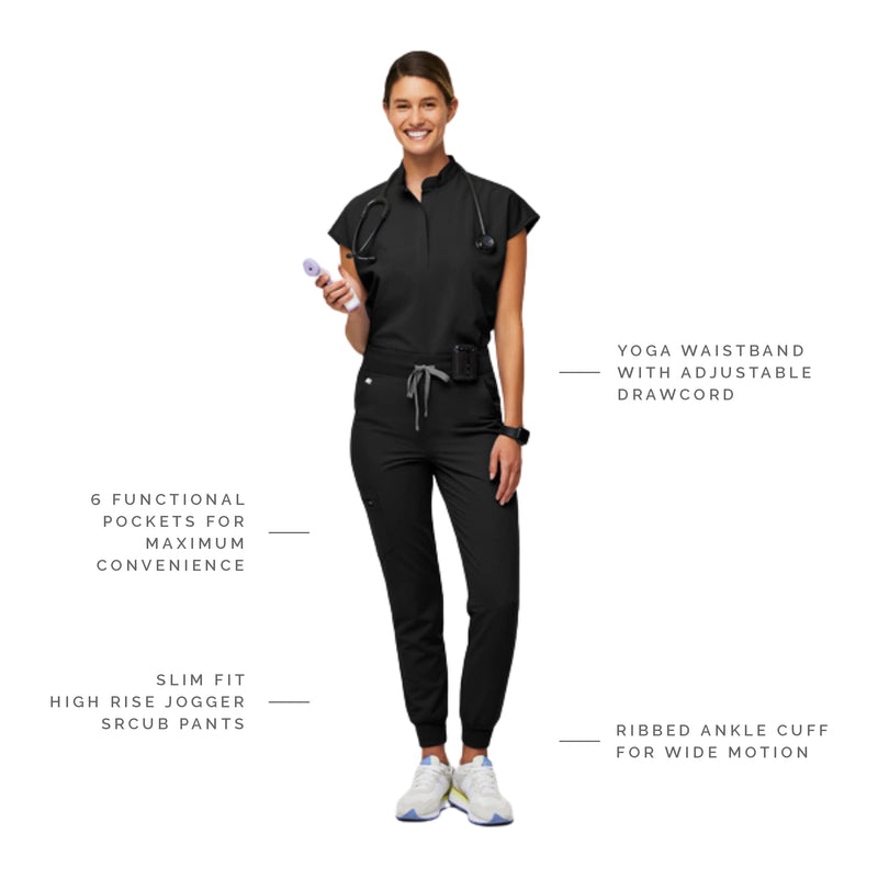 FIGS Zamora High Waisted Jogger Scrub Pants for Women — Slim Fit, 6 Pockets, High Rise Yoga Waistband Regular Medium Black