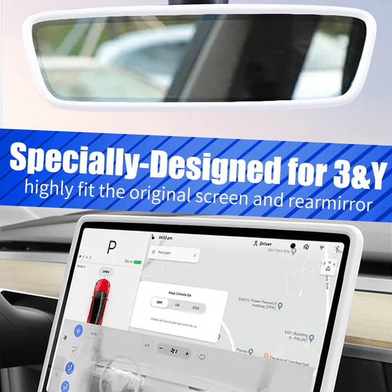 2Pcs Silicone Protector Frames of Screen and Rear View Mirror for Tesla Model 3 2017-2023 and Model Y 2019-Feb.2025. (White) White