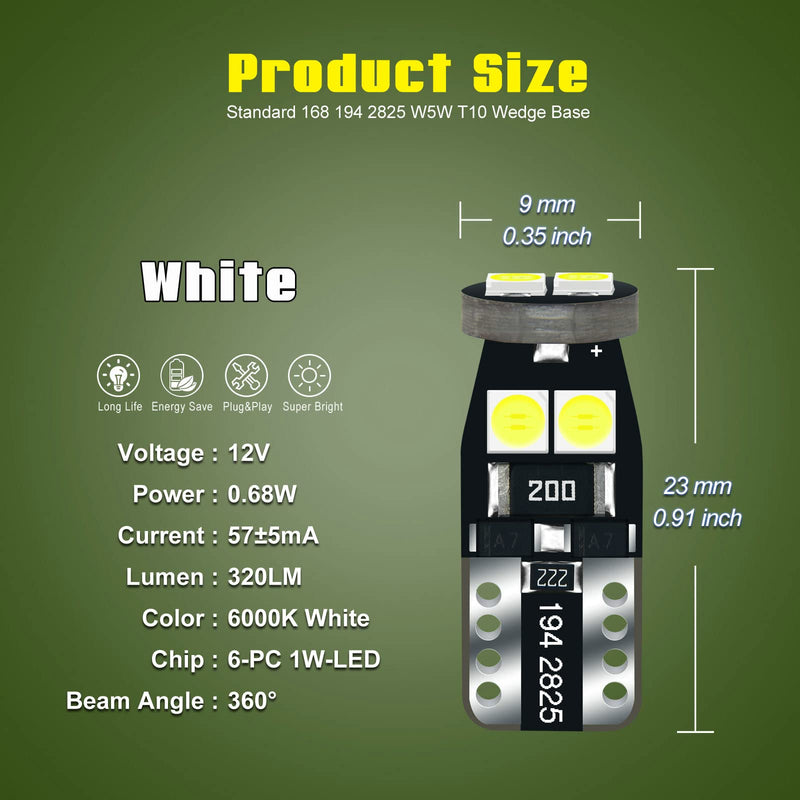 12V White T10 W5W 158 168 194 2825 Instrument Cluster Light LED Bulb Replacement For Dashboard Dash Panel Gauge Indicator Lamp with Socket Cross PC168 PC175 PC194 PC195 PC160 PC161 PC195NA