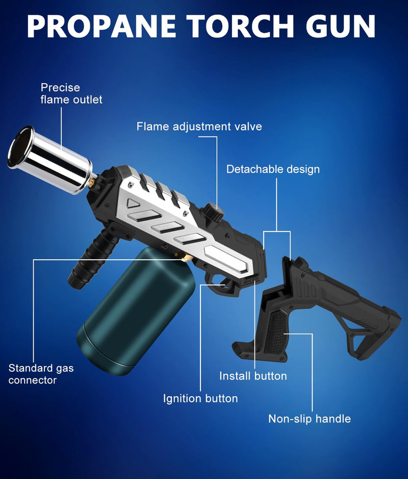 Powerful Propane Torch with Detachable Design, Kitchen Blow Torch Gun with Adjustable Flame, Torch Burner Flamethrower for BBQ, Charcoal Lighter, Campfire, Weeding (Tank Not Included) Detachable-silver