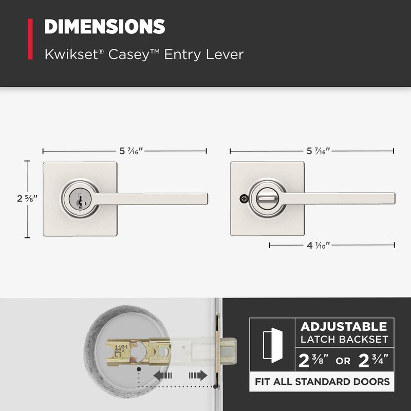 Kwikset Casey Entry Door Handle with Lock and Key, Secure Keyed Reversible Lever Exterior, For Front Entrance and Bedrooms, Satin Nickel , Pick Resistant Smartkey Rekey Security and Microban 1 Pack Keyed Entry