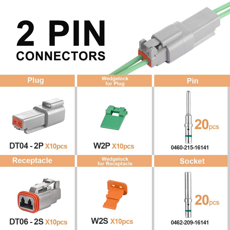 JRready ST6246 Deutsch 2 Pin Connector 10 Sets, DT04-2P DT06-2S Gray Waterproof Electrical Wire Connector with Solid Contacts 14-20AWG 2 pins 10 sets