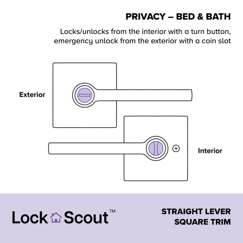 Straight Lever with Square Trim Bedroom and Bathroom Door Handle, Matte Black Finish 2-3/8 in (60 mm) or 2-3/4 in (70 mm)