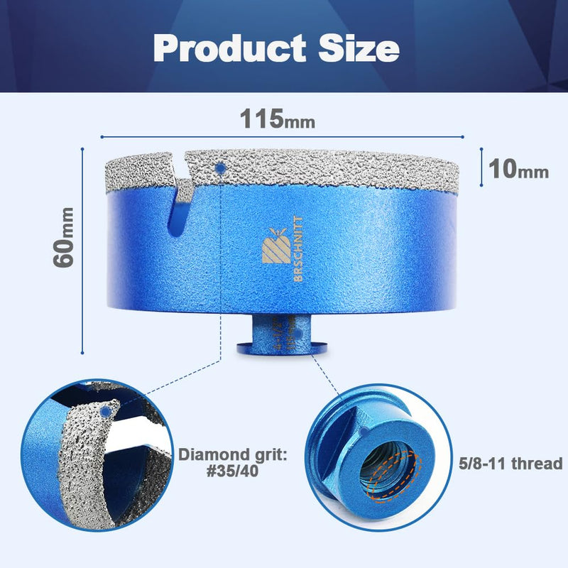 4 1/2 Inch Diamond Core Drill Bit for Porcelain Tile Ceramic Marble Granite Drilling,BRSCHNITT Vacuum Brazed Diamond Hole Saw with 5/8-11 Thread 115mm(4 1/2")