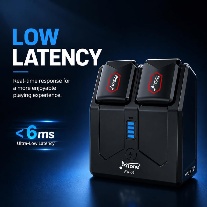 AITONE 5.8GHz Wireless Guitar System with Charging Case (AW-06) | 48kHz/24-Bit Transmitter and Receiver, <6ms Latency, 4 Channels, 65 ft Range, Up to 18H Total Playtime