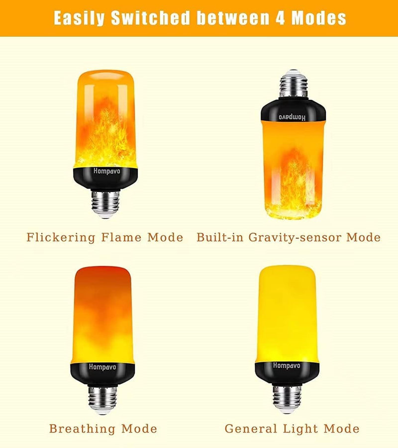 Hompavo 【Upgraded】 LED Flame Light Bulbs, 4 Modes Flickering Light Bulbs with Upside Down Effect, E26/E27 Flame Bulb for Halloween, Christmas, Party, Indoor and Outdoor Home Decoration (4 Pack) 4 Pack