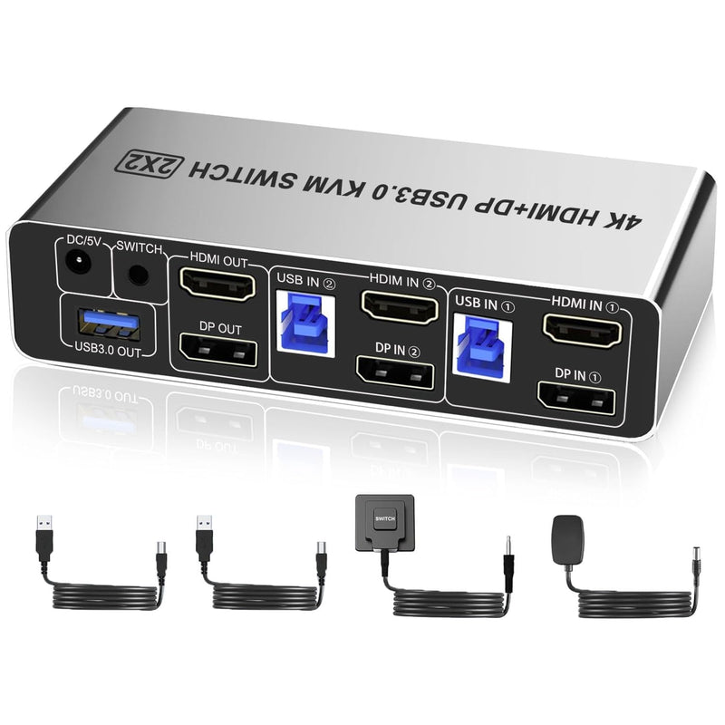 Dual Monitor HDMI Displayport KVM Switch 2 Monitors 2 Computers 4K 60Hz USB3.0 KVM Switcher HDMI+DP 3 USB Ports KVM Switcher for 2 PC Sharing Keyboard Mouse Printer Mic and Audio Output HDMI+DP KVM Switch 2 Monitors 2 Computers
