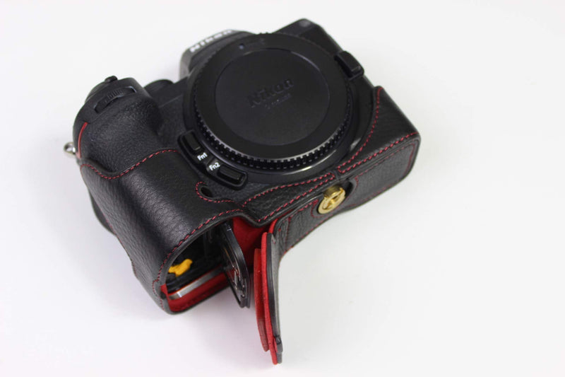 Z7 Z6 Z5 Case, BolinUS Handmade Genuine Real Leather Half Camera Case Bag Cover for Nikon Z5 Z6/Z6II Z7/Z7II Bottom Opening Version + Hand Strap (Black) Black