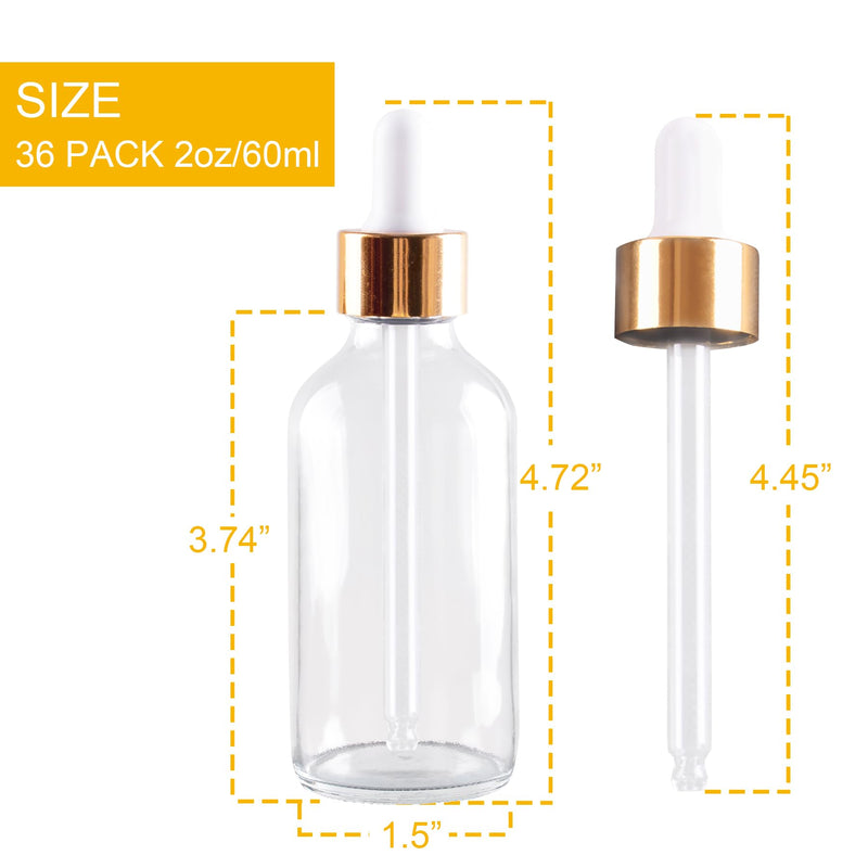 36 Pack 2oz Clear Glass Dropper Bottles, 60ml Glass Eye Dropper Bottles for Essential Oils, Perfumes, Laboratory Use (Gold & dropper, 2oz-36Pack) Gold & Dropper