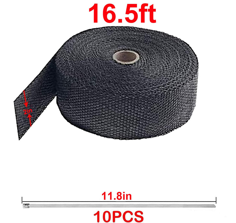 Black Exhaust Heat Wrap, Foneso 2'' x 16.5' Exhaust Header Wrap Tape Fiberglass Heat Shield Tape with 10pcs Stainless Steel Ties for Motorcycle Car Truck 16.5ft