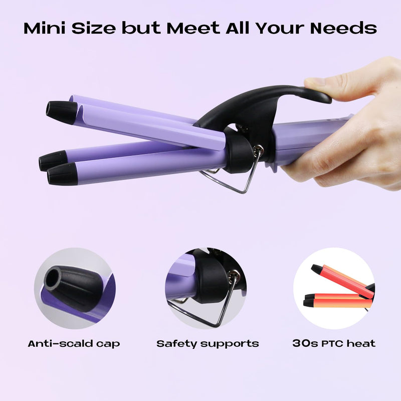 3 Barrels Mini Hair Waver for Short & Medium Hair, 13MM Curling Iron Curling Wand, 0.45lb Lightweight, Mini Size Hair Curler, Travel Friendly-Purple Mini Purple UK