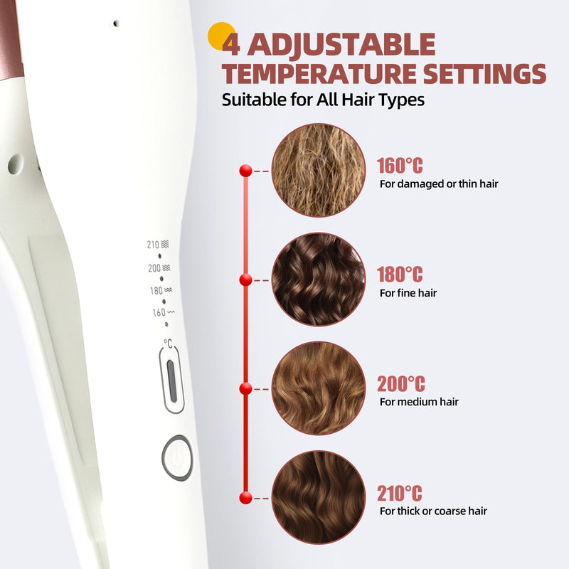 S-Shaped Curling Iron for Beach Waves, 38mm Barrel with Tourmaline Ceramic & Dual Voltage, 30s Fast Heat, 4 Temp Settings (160-210°C), Auto Shut-Off, Wet and Dry Hair Curler (White) White