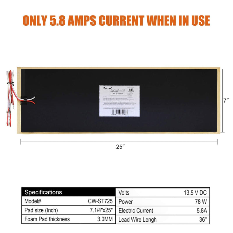 Facon 7-1/4" x 25" 12V RV Tank Heater Pad with Automatic Thermostat, QAI Certified, Prevents Freezing for Fresh, Grey, Black Water Tanks, Up to 50 Gallons 1 Pack