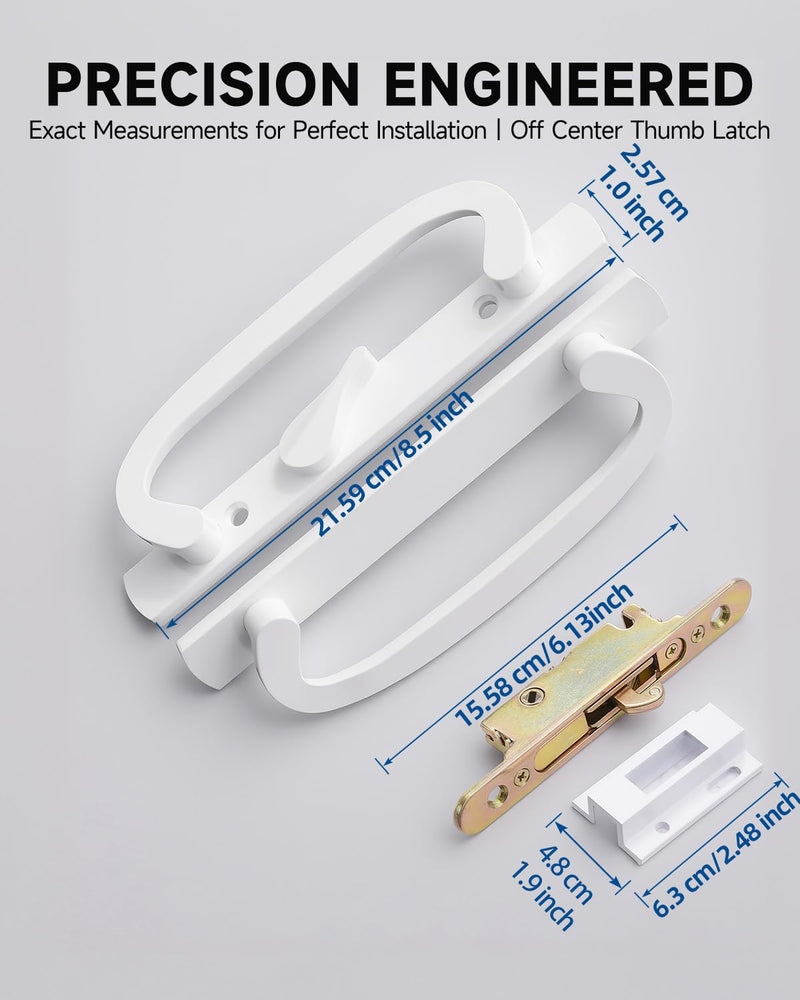 Offset Position Non-Keyed Sliding Patio Door Handleset, 45° Keyway 3-15/16" H.C., Fits 1-3/8" to 2-1/4" Thick Doors, White Diecast with Mortise Lock｜Off Center Thumb Latch Non Keyed-With Latch Lock+Keeper