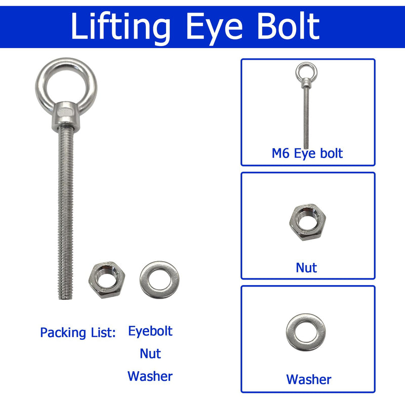 1/2" x 6" Eye Bolts, Marine Grade Heavy Duty 304 Stainless Steel Threaded Shoulder Eyebolts with Washers＆Nuts (5 Pack) 1/2" x 6" 5