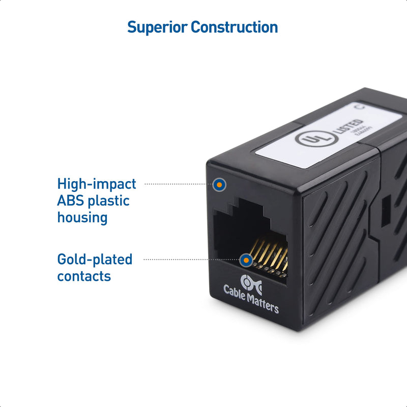 Cable Matters [UL Listed] 5-Pack 10Gbps Cat 6 Ethernet Coupler (RJ45 Coupler, Cat6 RJ45 Female to Female Adapter, Ethernet Extender Adapter) in Black, Compatible with Cat6A, Cat5e