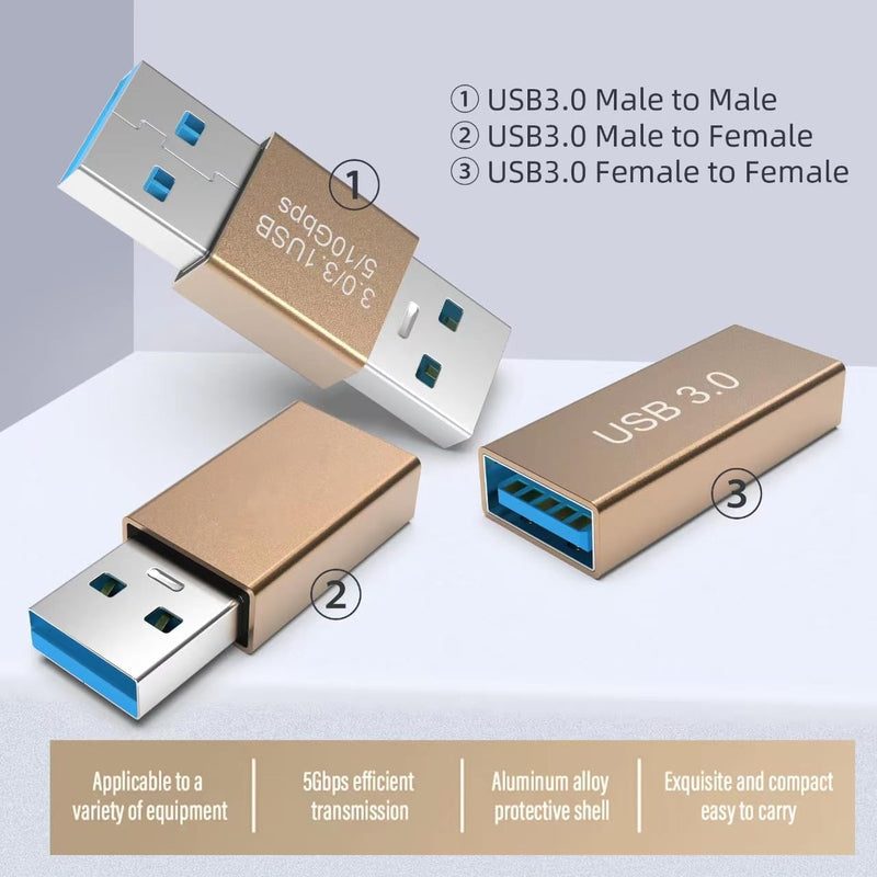 (3 Pieces) USB 3.0 Adapter kit, Support Charging and Data Transfer, High Speed Extension Coupler Converter Extender Connector, Female to Female, Male to Male, Male to Female USB Adapter - GOLD