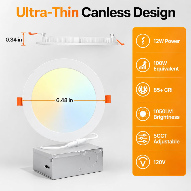 ORALUCE LED Recessed Lighting 6 Inch with Junction Box, 2 Pack | Ultra-Thin,5CCT 2700K/3000K/4000K/5000K/6500K,CRI90+,12W 100W Eqv 1050LM Canless Downlight for Kitchen Living Room