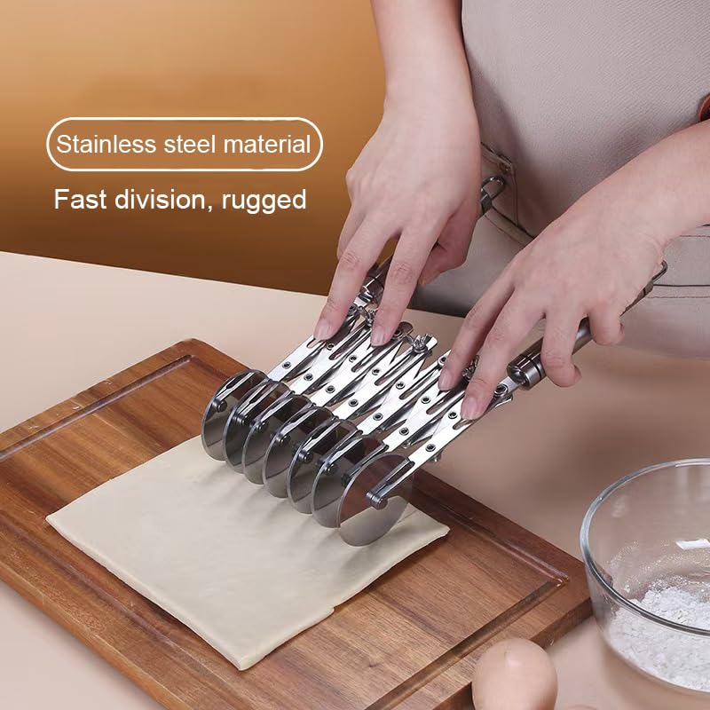 7 Wheel Pastry Cutter Tool,Adjustable Pasta Cutter wheel with Handle, Stainless Steel Multiple Pasta Roller Cutter tools, Baking Roller Pizza Cutter Slicer Silver