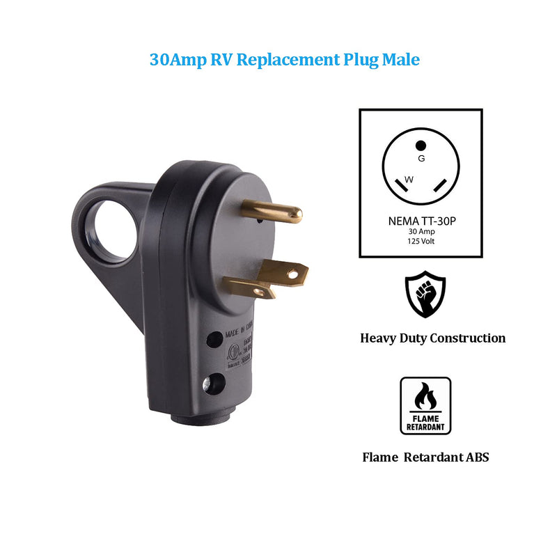 Veepeak 30 Amp RV Plug Male Replacement TT-30P Heavy Duty 125V 30A Rated 3 Prong Electrical Power Connector Extension Cord End with Easy to Grip Handle 30M