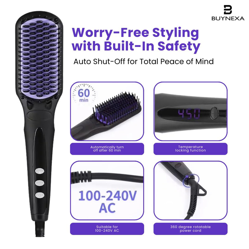 Professional 3-in-1 Hair Straightener Brush – Quick-Heating Ceramic Ionic Hot Comb with Anti-Scald Safety, LCD Display & Dual Voltage for Travel and Everyday Use