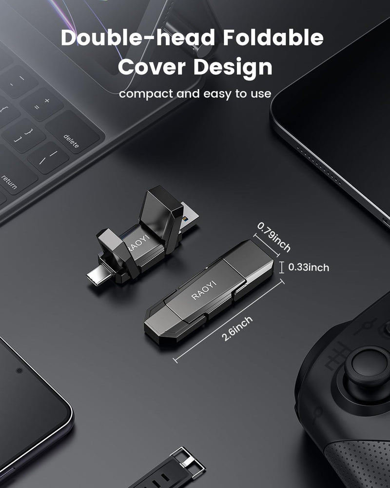 RAOYI 256GB USB C External SSD, 2-in-1 Solid State Drive Up to 450MB/s Dual USB 3.2 + Type-C Thumb Drive Portable SSD Drive for iPhone 15/16, Android, Tablet, PC and PS4 Gray