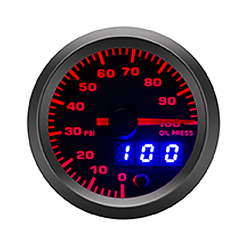 2-1/16" 52mm Oil Pressure Gauge Kit 7 Color 0 to 100 PSI Pointer & LED Digital Readouts Black Dial - Clear Lens Fit for 12V Cars Trucks