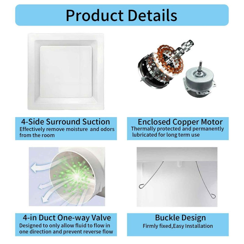 Bathroom Exhaust Fan 10" Panel, 8" Hole Size, Ceiling Mount Ventilation Fan without Light, Square Quiet Ventilation 111 CFM, 4" Duct Extractor Fan for Home Bathroom Office, White