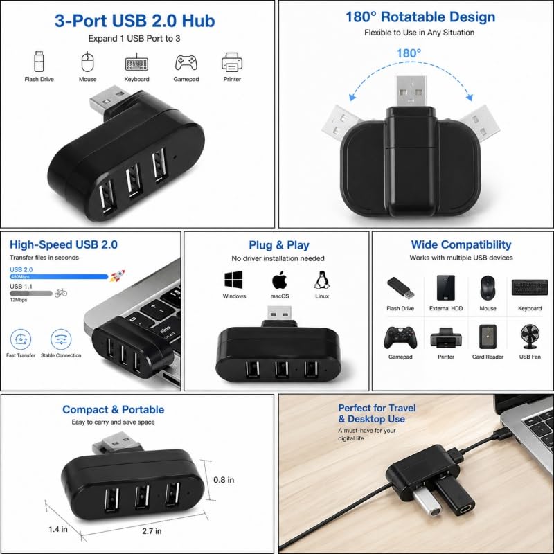 3-Port USB Hub Splitter Adapter Rotating Compact Plug and Play Swivel Design No Battery Required for Laptops PCs Travel, Black