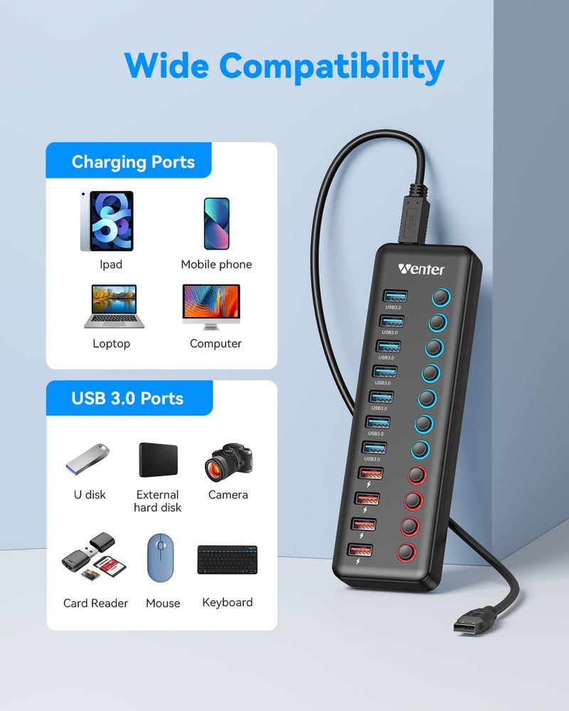 Powered USB 3.0 Hub, Wenter 11-Port Hub Splitter (7 Faster Data Transfer Ports+ 4 Smart Charging Ports) with Individual LED On/Off Switches, Power Adapter for Mac, PC 7+4