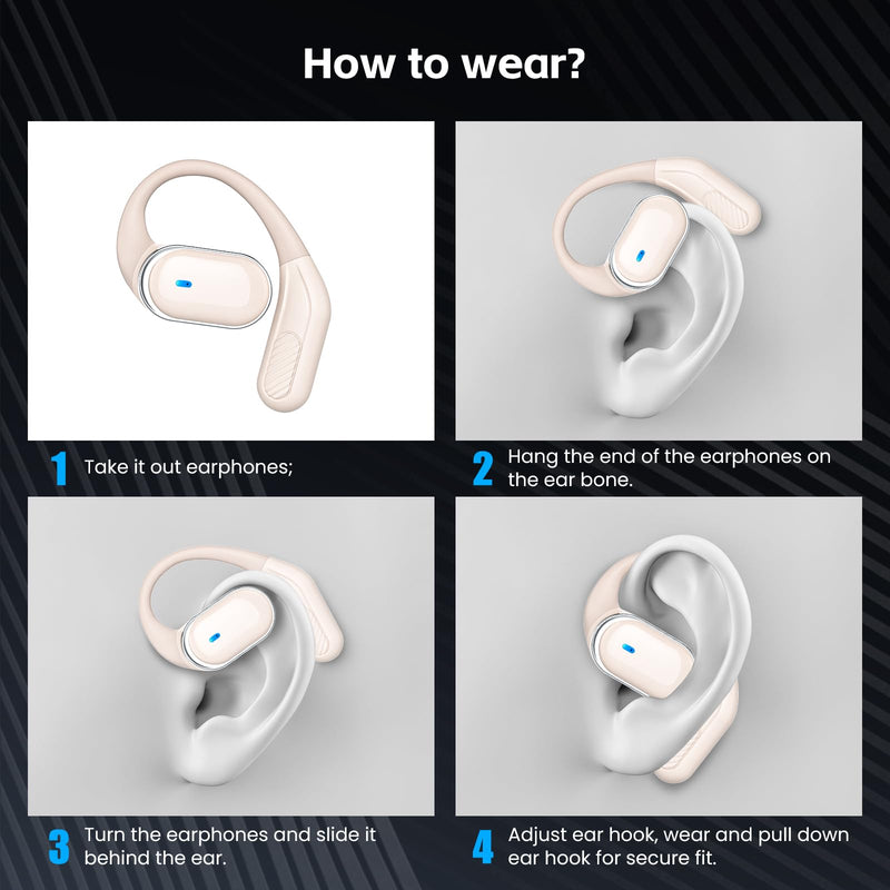 Open Ear Wireless Earbuds Bluetooth Headphones, 80H Playtime Stereo Ear Buds with ENC Noise Cancelling, Fast Charging, IPX7 Waterproof Sports Earphones with Earhook for Running/Workouts (White) White