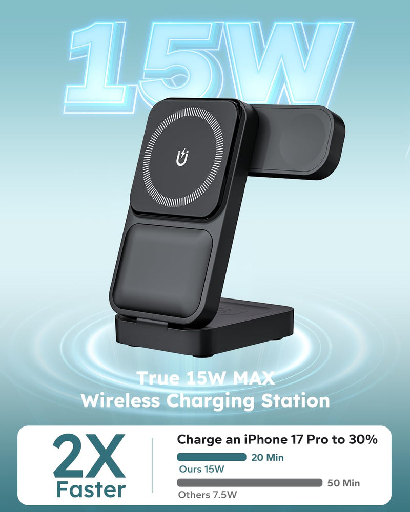 15W Travel Charging Station 3 in 1 Fast Charger Stand for Magsafe | Foldable Compact, Magnetic Wireless Charger Stand for iPhone, Phone Charging Dock for Apple Watch/AirPods(With 30W Adapter) Black