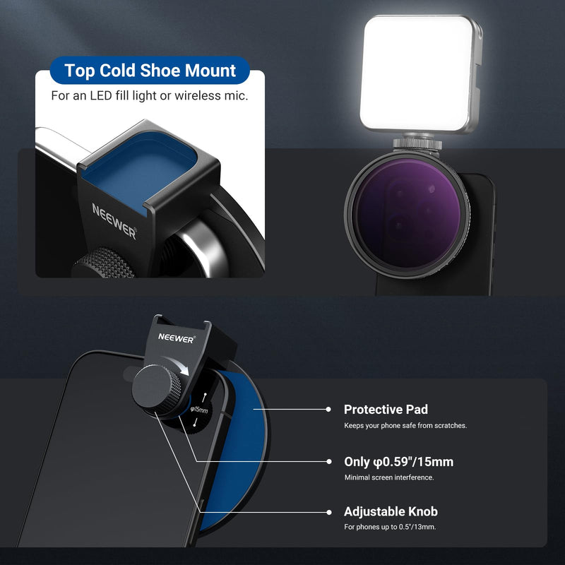 NEEWER 67mm Variable ND Filter & Threaded Phone Clip Set, Adjustable ND2-32 HD Neutral Density Mobile Photography Accessories, Compatible with iPhone 17 Pro Max Samsung S26 Ultra