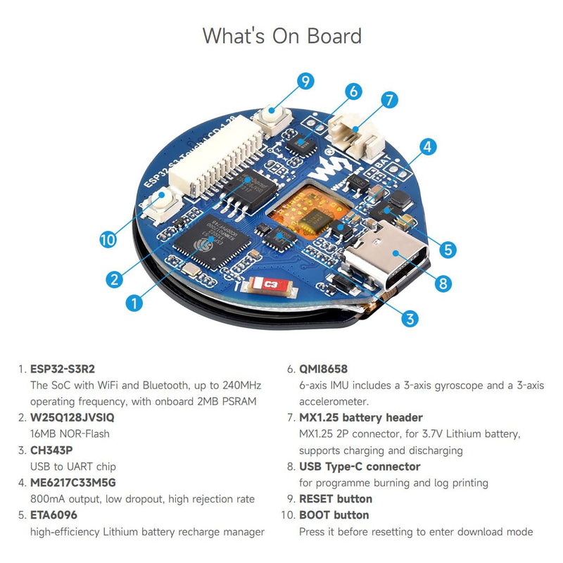 Waveshare ESP32-S3 Development Board, with 1.28inch Round Touch LCD, Compact Size, Accelerometer and Gyroscope Sensor, Embedded GC9A01 Display Driver and CST816S Touch Driver, with CNC Metal Case