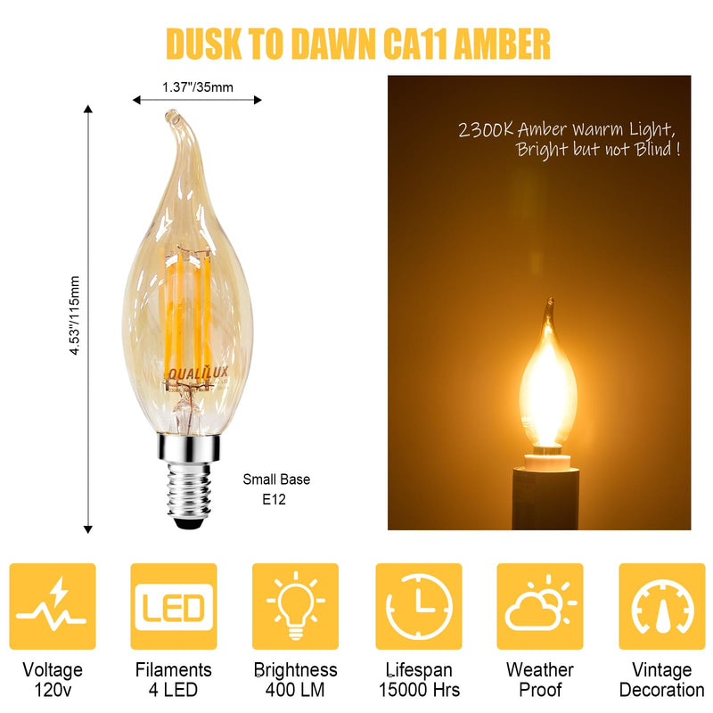 Qualilux Dusk to Dawn CA11 Candelabra LED Bulbs, Vintage Full Amber Glass, Non-Plastic, Warm Amber 2300K, 4W=40W, 400LM Auto On/Off Light Sensing Bulb, Non-dimmable, E12 Base, 6-Pack, HQ-H049