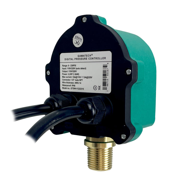GamaTech 110V/220V 15A/7.5A Digital Adjustable Pressure Switch Controller for Water Pump and Air Pump, 1/2" Male NPT, 0-230 Psi 110V/220V 15A/7.5A 230PSI
