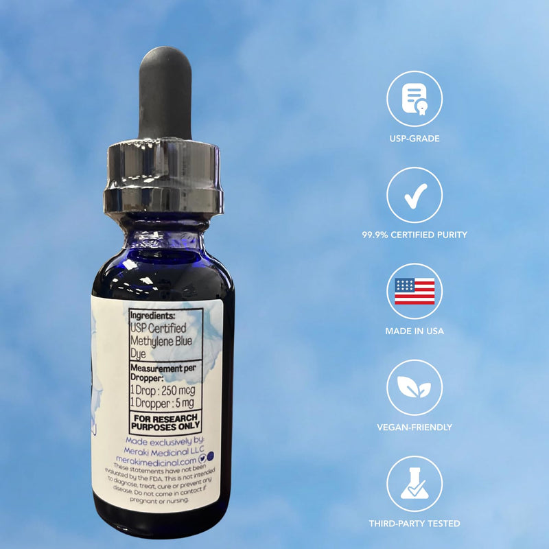 Meraki Blu USP Grade Methylene Blue Solution – Third-Party Tested 1% Liquid Formula, High Purity Blue Formula, 30ml Glass Dropper Bottle