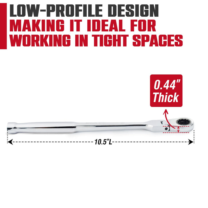 CROM Flex Head Ratchet Wrench - 10.5-Inch Long 17mm Flex head 120-Tooth 12 Point Stubby Socket Ratchet Wrench, Compatible with 3/8" Drive Nano Impact Sockets (10.5 Inch 3/8" Drive) 10.5 Inch 3/8" Drive
