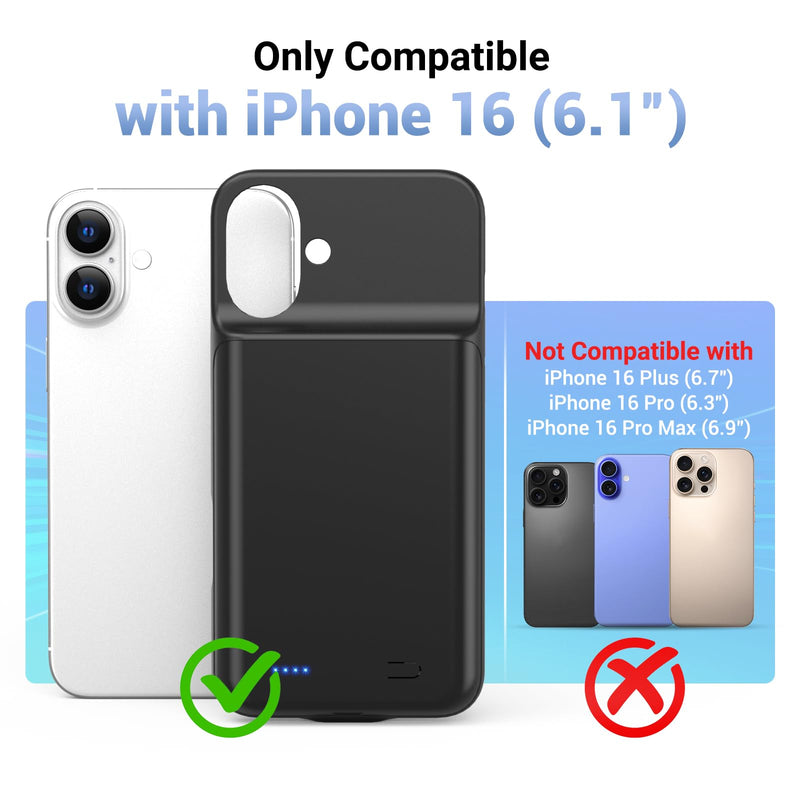 Battery Case for iPhone 16, [2026 Upgraded] 7000mAh Ultra-Slim Portable Charging Case Rechargeable Extended Battery Pack with Tempered Glass Screen Protectorfor iPhone 16 (6.1inch), Black for iPhone 16 (6.1inch)