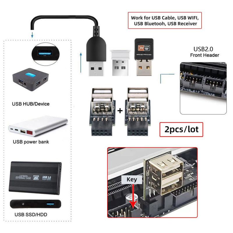 xiwai 2pcs/lot 9Pin 10Pin Header Motherboard Internal to Dual USB 2.0 Female Adapter Converter Horizontal Type High Speed 480 Mbps for Laptops, Tablets