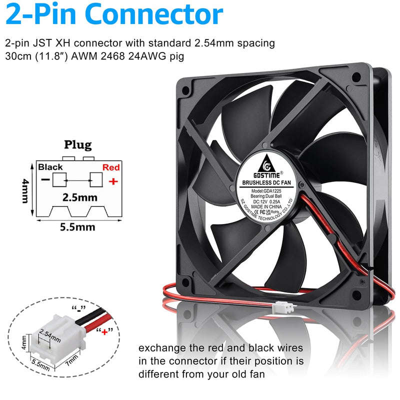 GDSTIME 120mm x 25mm 12V Fan 2 Pin Dual Ball Bearing, 5 Inch 12volt DC Brushless Cooling Computer Case Fan Replacement for Ice Maker/Power Supply, 2 Pack 120x25mm
