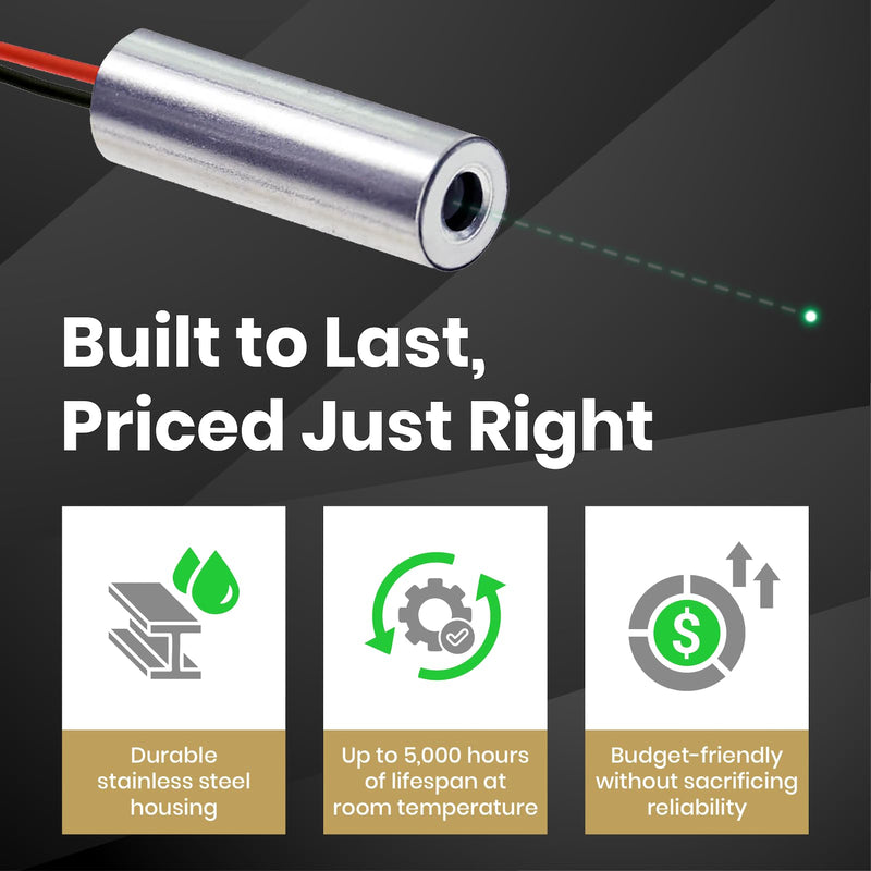 Economical Green Dot Laser Module, 520nm, Class 2, Less Than 1mW, with APC Driver, 7~10V Operation Voltage, D7x21mm, VLM-520-03 LPT, Laser Head, Made in Taiwan VLM-520-03 LPT - Green laser, Class 2
