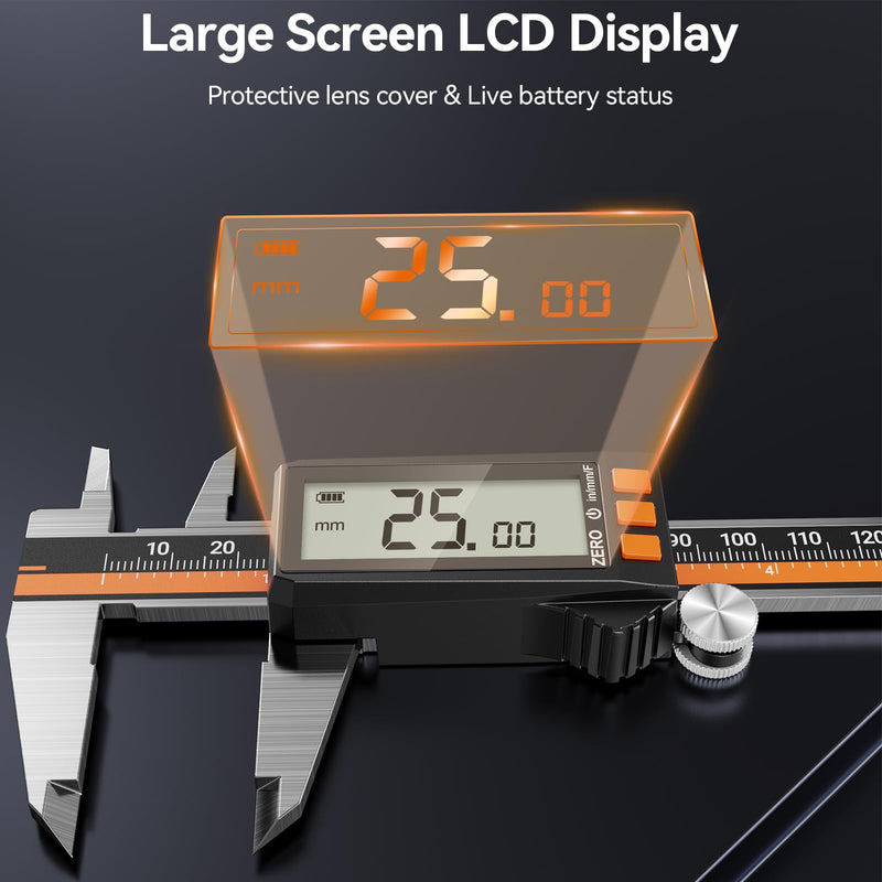 Preciva Digital Caliper - Rechargeable Stainless Steel Micrometer with IP54 Protection | Auto-Off, Large LCD Screen & Inch/Metric Conversion | Precision Measuring Tool 6Inch/150mm
