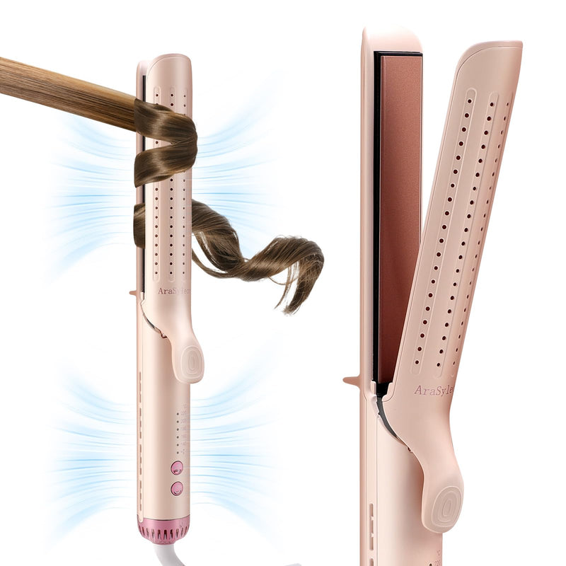 2-in-1 Hair Straightener and Curler Airflow Cool-Air Function, Pink | Cold Air Anti-Scald Dual Voltage Negative Ion Extended Ceramic 3D Floating Plates Blush