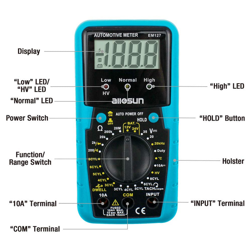 allsun Automotive Multimeter DMM DC Volt Ohm Temp Frequency Diode & Continuity Tester Automotive Diagnosis Tester Test RPM Dwell Angle