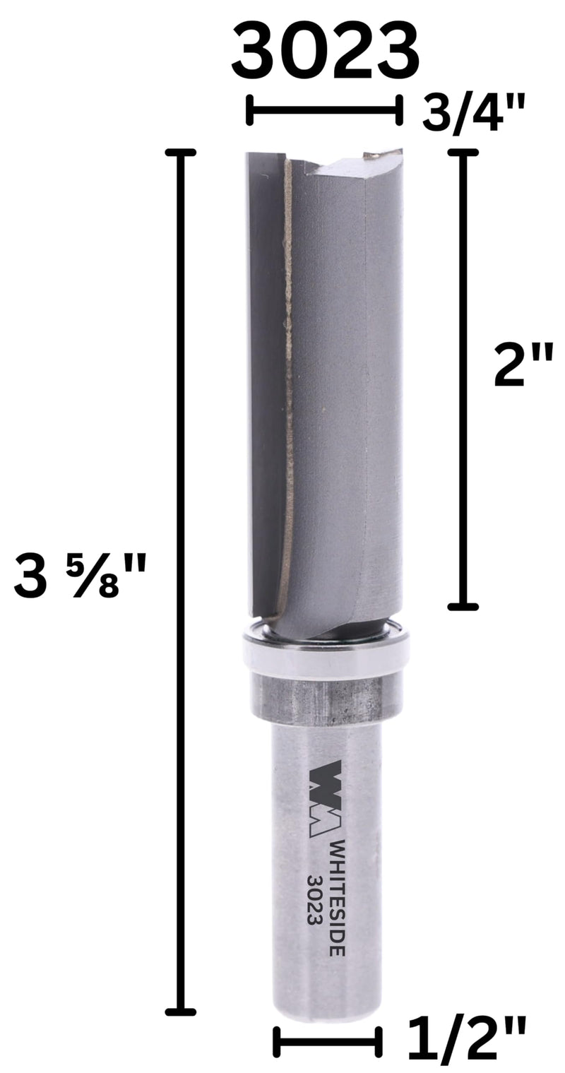 Whiteside 3023 Template Straight Router Bit: 3/4 Inch Cutting Diameter, 1/2 Inch Shank, 2 Inch Cutting Length, B19 Ball Bearing