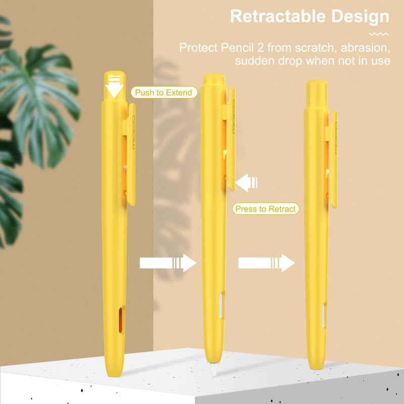MoKo Holder Case Compatible with Apple Pencil 2nd Generation, Retractable Protective Apple Pencil Cover with Sturdy Clip, Hard PC Apple Pencil Case, Support Double-Tap, Yellow
